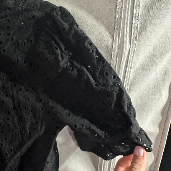 Madewell Black Eyelet Short Sleeve Blouse Ruffles‎ Tie Back Size Xs Casual - Picture 3 of 7